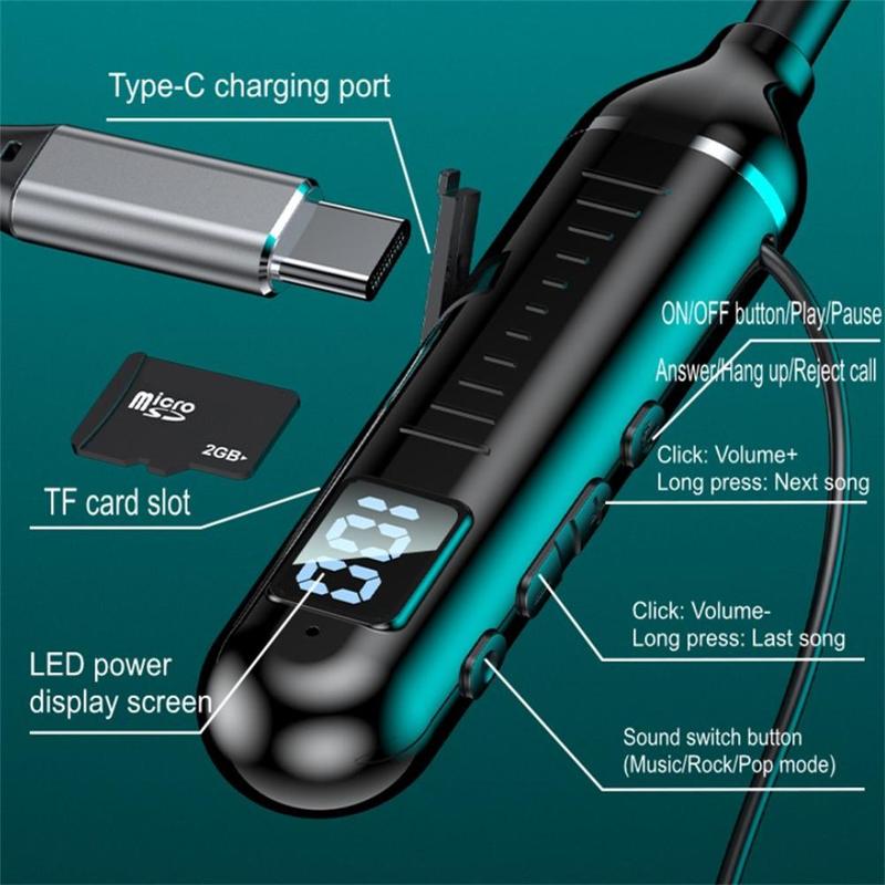 Tai Nghe Tương Thích Bluetooth Không Dây, Màn Hình Kỹ Thuật Số LED, Thiết Kế Cổ Yếm Âm Thanh Nổi Khử Tiếng Ồn, Thích Hợp Cho Thể Thao, Tai Nghe 3