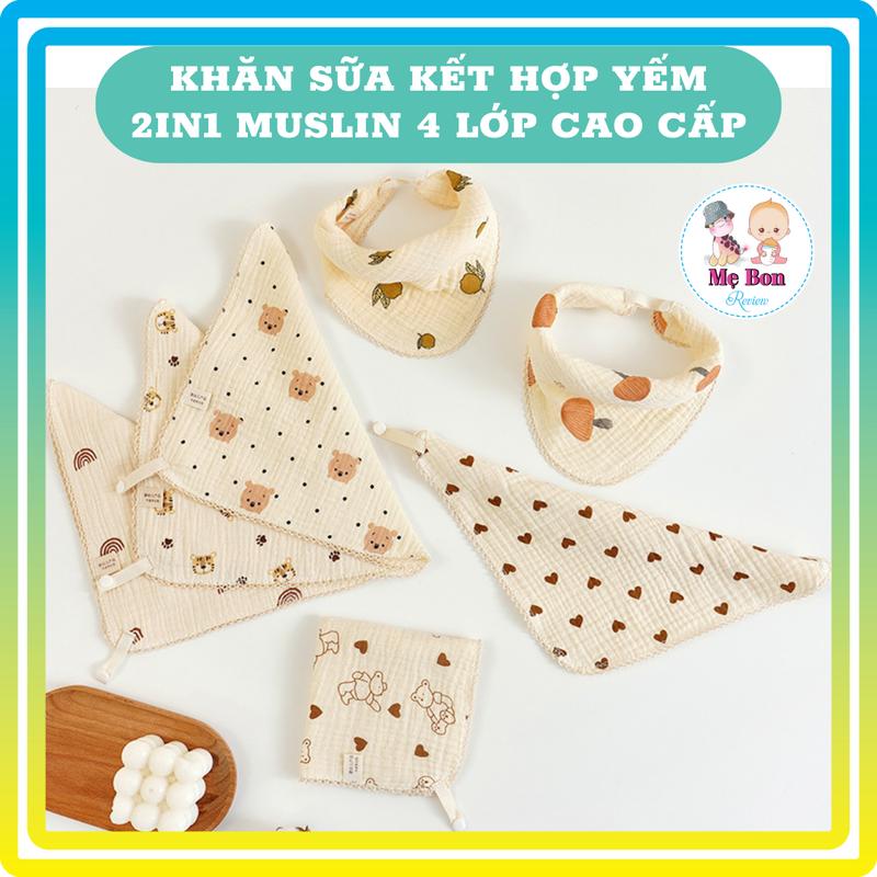 Khăn sữa kết hợp khăn yếm tam giác 2in1 cho bé muslin 4 lớp loại cao cấp Voi nhân vật hoạt hình thấm nước