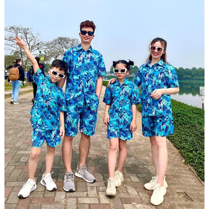 Bộ Quần Áo Sơ Mi Hoa Lá Đồng Phục Đi Biển Cho Gia Đình, Đội Nhóm Chất Liệu Kate Thái Mát Mẻ, Thoáng Khí