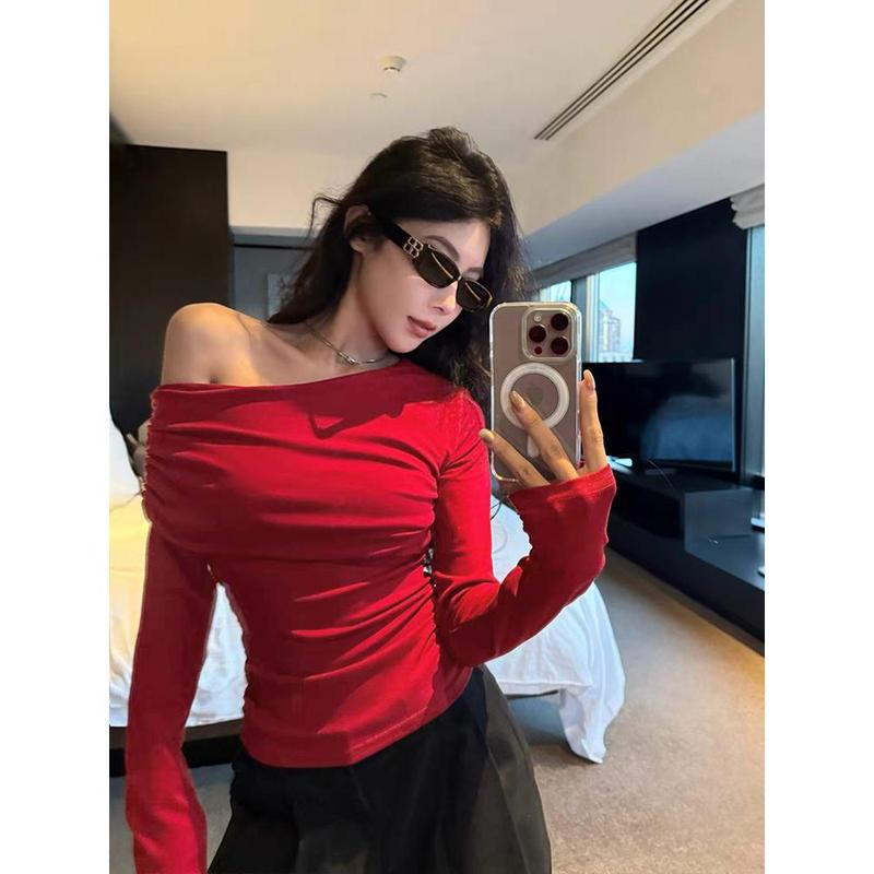  Áo Nữ Hoàng   Nữ Hoàng Mercy Moses Thiết Kế Gợi Cảm Và Cô Gái Nóng Bỏng Vai Nghiêng Tay Áo Dài Eo Cinching Che Lộ Rượu Và Bó Sát Hàng Mới Về Thu Đông 2025 # 63129 