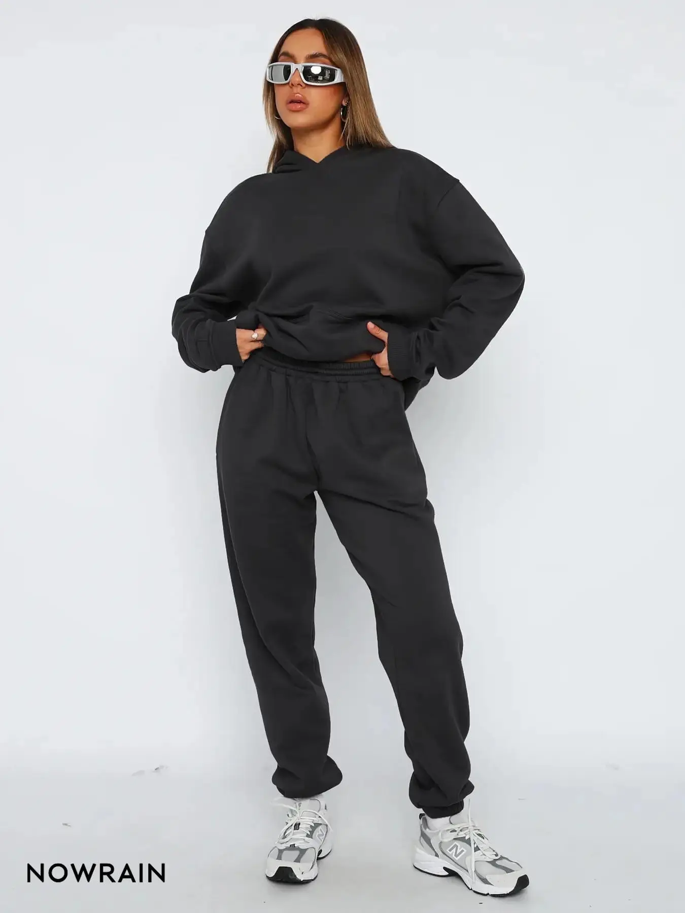 Two-Piece Set Women's Solid Drop Shoulder Hoodie & Drawstring Waist Pants Set, Casual Long Sleeve Pocket Hooded Sweatshirt & Jogger Pants for Daily Wear