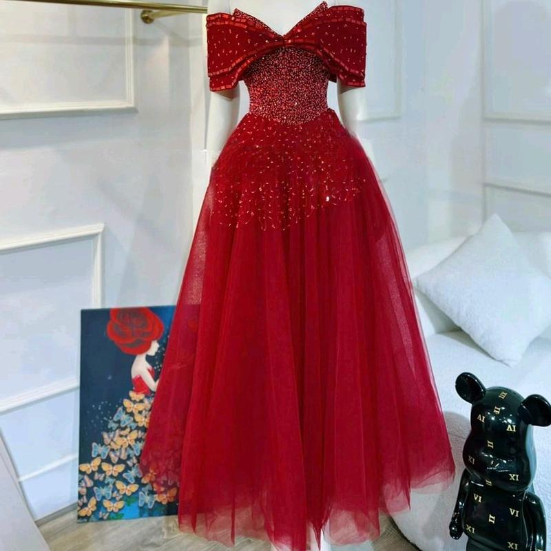 ĐẦM CÔ DÂU XOÈ TRỄ VAI KẾT 33SK Nữ Kem Women Dress Kim Tuyến Đỏ 1