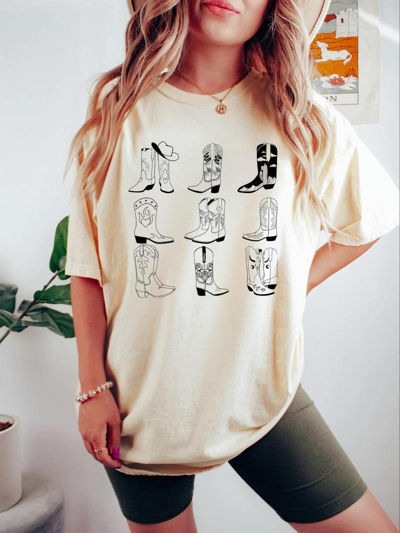 Product Introduction of Women's Cartoon Cowboy Shoes Print Round Neck Tee, Casual Half Sleeve T-shirt for Spring & Fall, Women's Top for Daily Wear 1