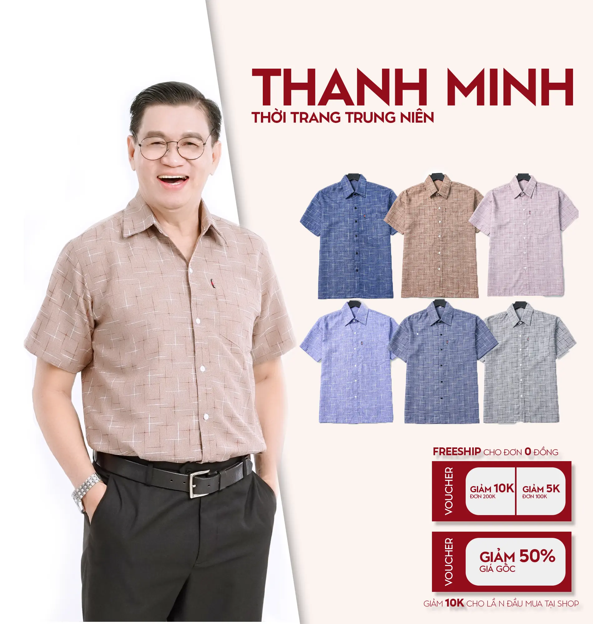 Áo Sơ Mi nam trung niên Ngắn tay form rộng Tomen vải đũi cotton có túi họa tiết dấu thập và họa tiết caro, mềm mịn, mát, không nhăn.
