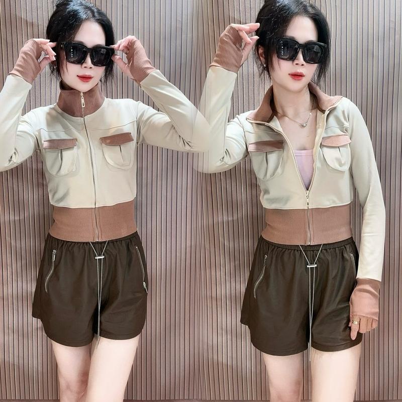 Áo Khoác Nữ Cổ Trụ Dáng Croptop Ôm Gọn - Vải Thun PC GEN  Dày Dặn Mịn Mát  - 2 Túi Trong Women Jacket Nhung 3