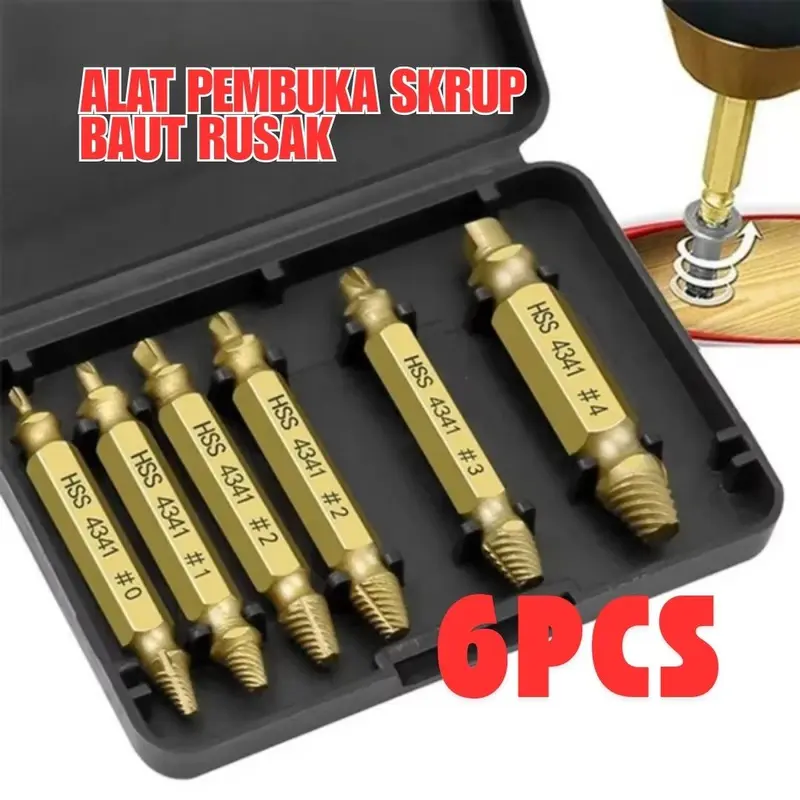 6pcs Tap Balik Screw Extractor Alat Skrup Pembuka Baut Rusak Broken Remover 0