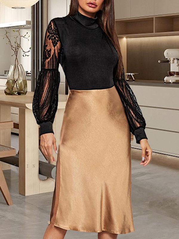 Women's Plain Contrast Lace Sheer Bishop Sleeve Bodysuit, Elegant High Neck Bodysuit for Spring & Fall, Women's Clothing for Daily Wear 2