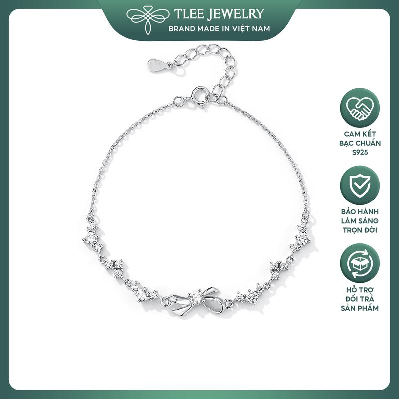 Lắc tay bạc nữ TLEE dây dải đá tim kết nối mặt nơ trơn điểm đá sáng nữ tính TLEEJEWELRY LT0216