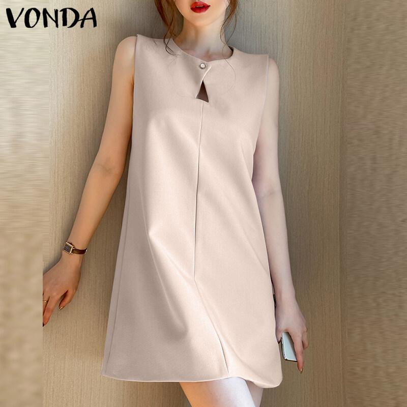Váy Ngắn Chữ A, VONDA, Dành Cho Nữ, Màu Trơn Không Tay, Thiết Kế Cắt Xẻ Thanh Lịch, Thích Hợp Mặc Công Sở, Cổ Thuyền Đầm Xòe 1