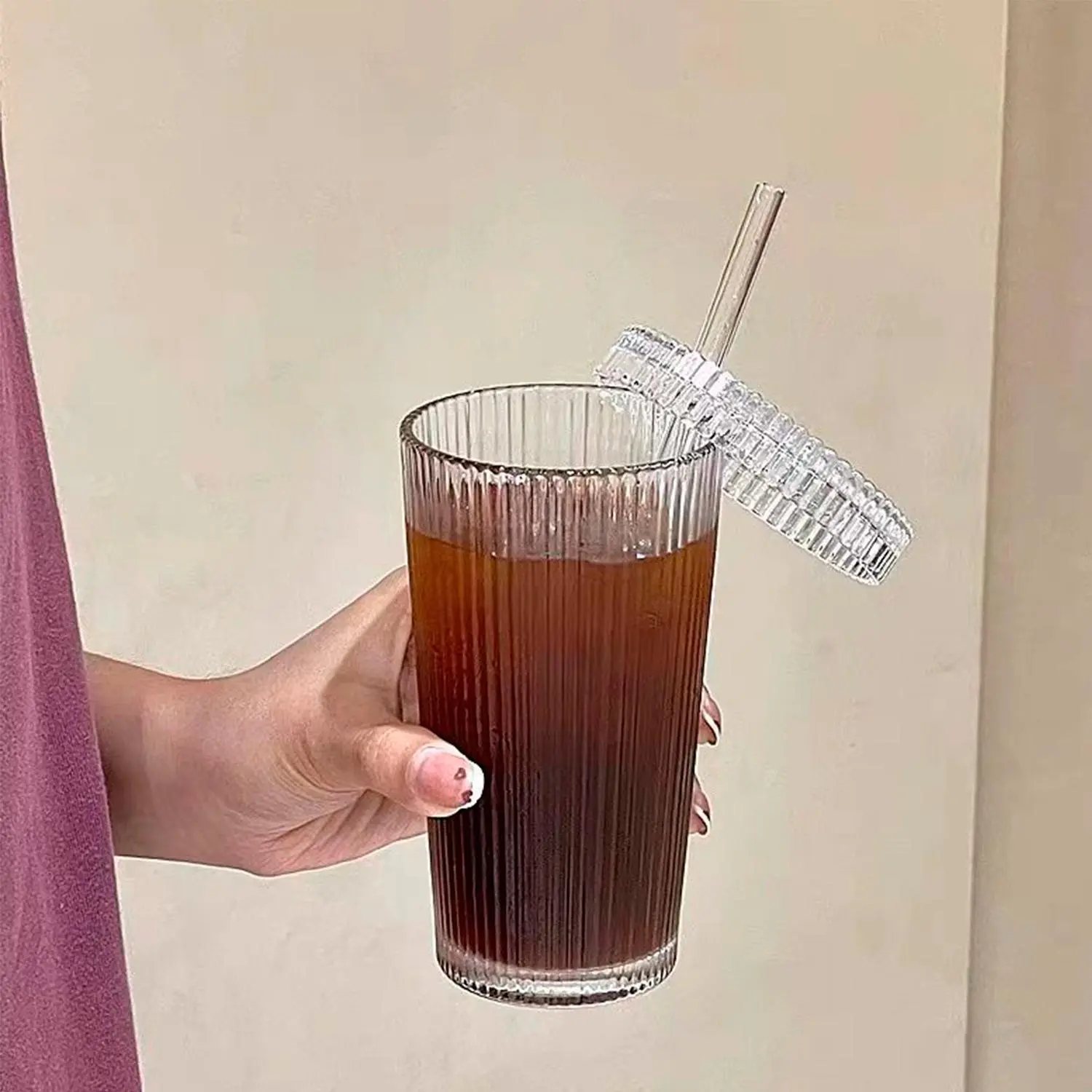 Glass Coffee Cup with Lid & Straw, 1 Count Simple Vertical Strip Design Coffee Tumbler Cups, Coffee Drinking Cup, Portable Coffee Water Cup for Home Office Use, Preppy Cups