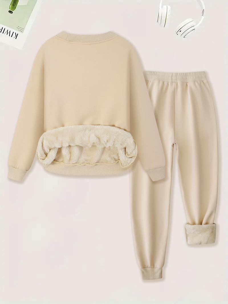 Product Introduction of Women's Plain Plush Lined Sweatshirt & Drawstring Waist Sweatpants Two-piece Set, Casual Round Neck Long Sleeve Pullover & Pocket Jogger Pants Co-ords Set, Women's  Tummy Flattering Two-piece Outfits for Winter 15