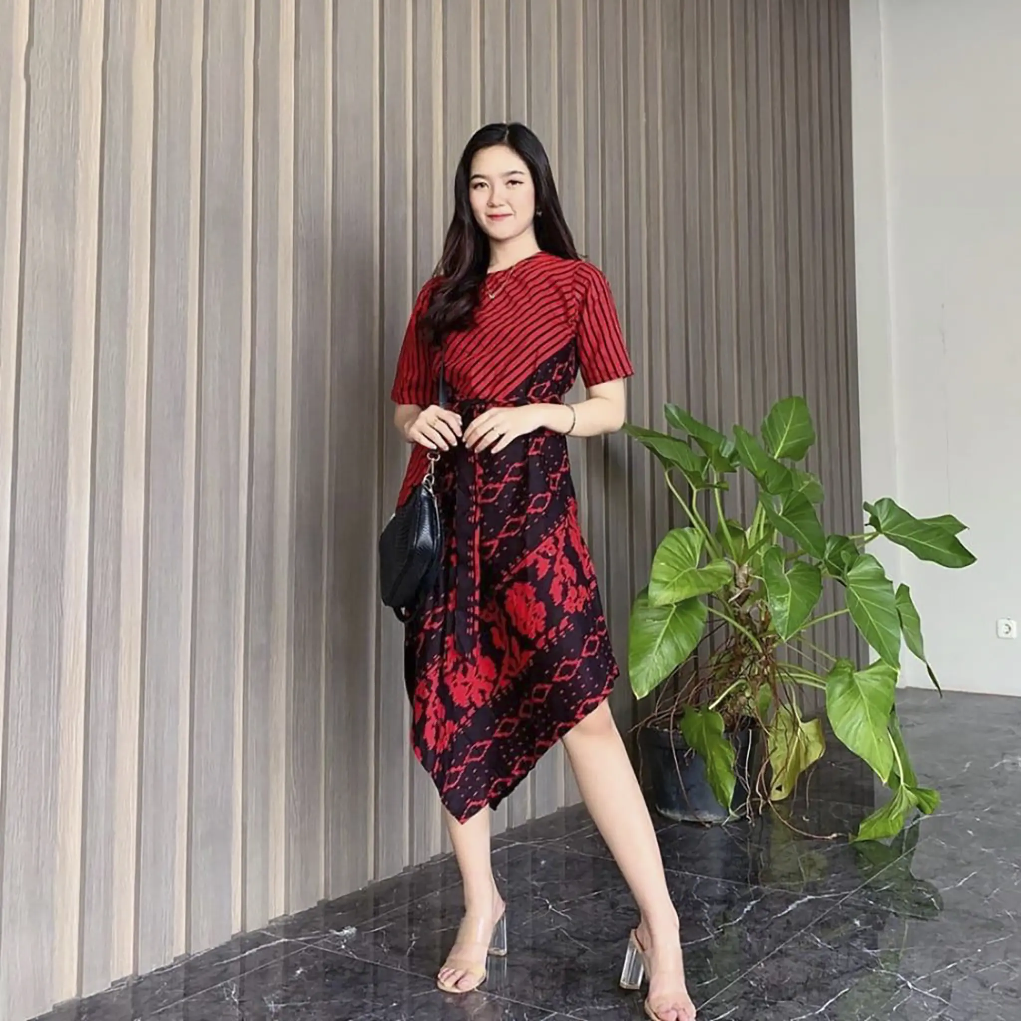 Dress Lancip Tenun Troso Batik Salur Songket Asimetris Batik Midi Etnik Kerja Kondangan Pesta Fit Katun Wanita  Baju Casual Tunik Natal