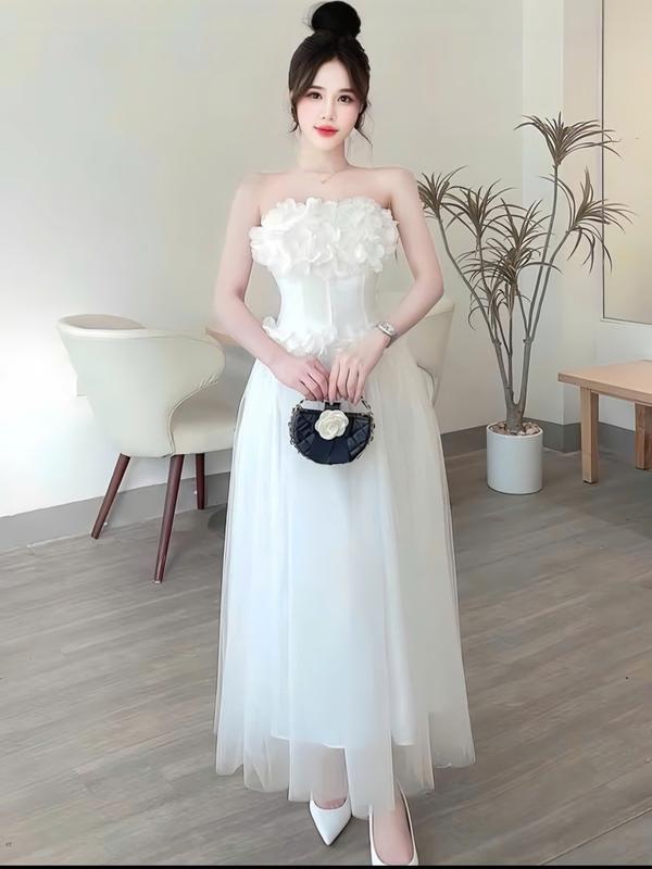  Đầm trắng đi tiệc bàn cô dâu A722 kiểu 2 dây form xòe dài phủ chân chất tafta cao cấp mix lưới công chúa đính hoa laser có đệm mút V1 freesize Nữ Women Dress 