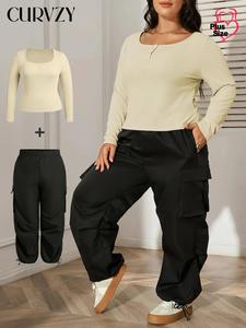 CURVZY Plus Size Two-Piece Set Solid Button Front Tee & Pocket Cargo Pants, Casual Long Sleeve Scoop Neck Top & Trousers for Spring & Fall, Women's Two-piece Outfits for Daily Wear
