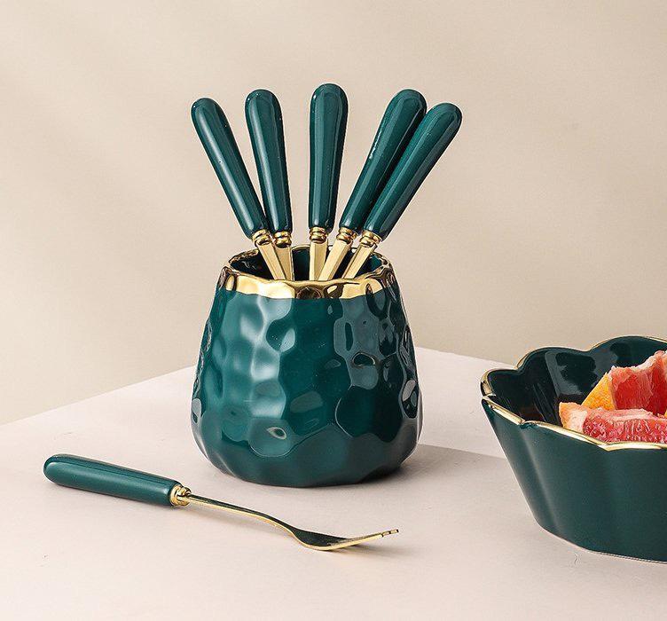 Bộ dĩa ăn trái cây ngọc lục bảo gồm 1 hũ và 6 dĩa