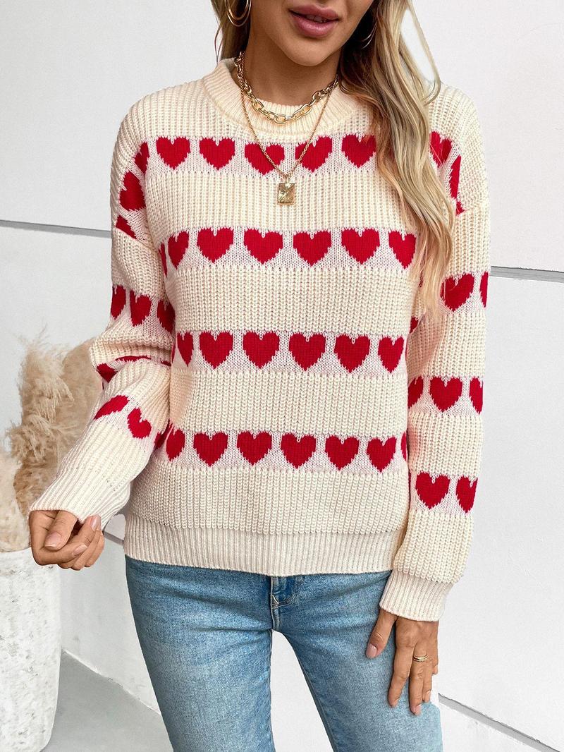 Product Introduction of Women's Heart Print Crew Neck Sweater, Casual Long Sleeve Jumper for Fall & Winter, Fashion Ladies' Knitwear for Daily Wear 3