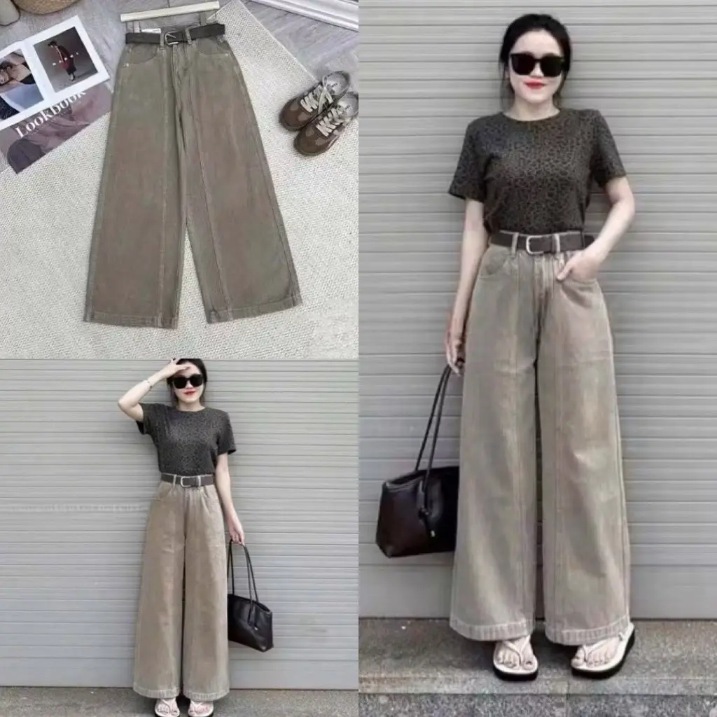 [ Hàng Có Sẵn ] Quần bò suông nâu tây gân giữa gấu to cạp cao phom dáng chuẩn dễ phối đồ chất liệu dày dặn không giãn size S M L XL