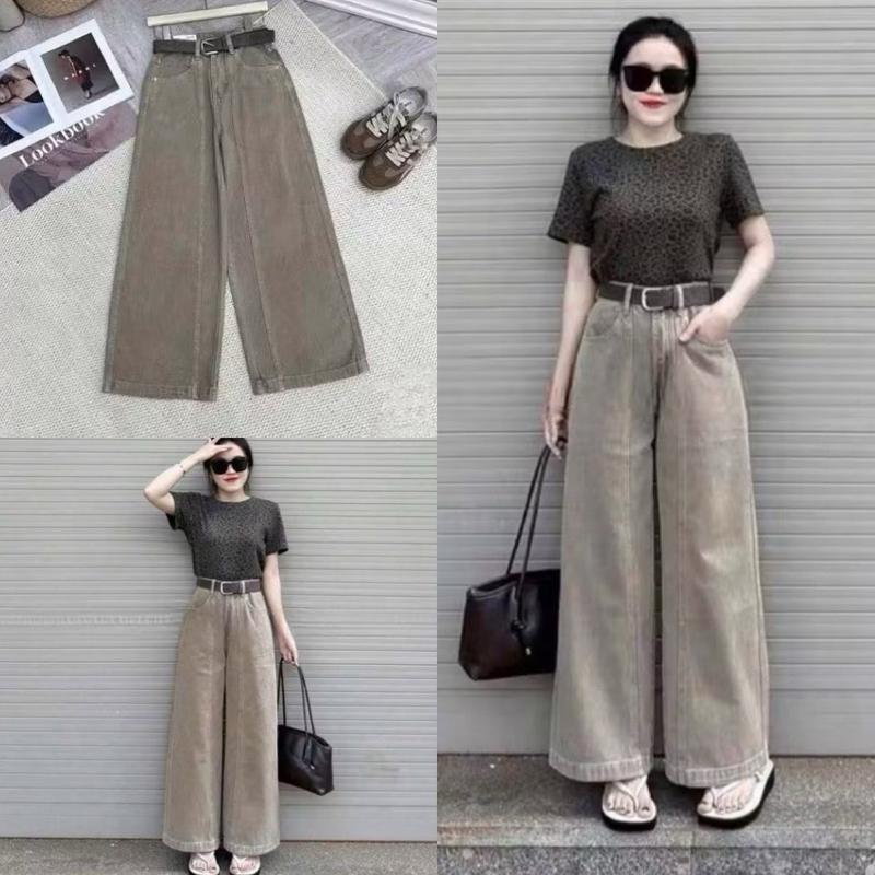 Hàng Có Sẵn Quần bò suông nâu tây gân giữa gấu to cạp cao phom dáng chuẩn dễ phối đồ chất liệu dày dặn không giãn size S M L XL