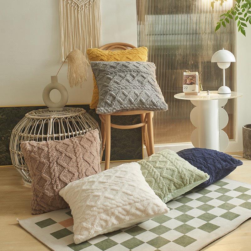 Gối tựa lưng LÔNG DÀY họa tiết trơn dệt 3D phong cách Châu Âu 3 cỡ chữ nhật vuông 45 vuông 50