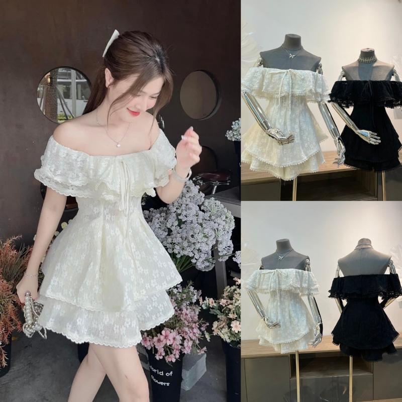 SBX66 Sét Bộ Áo Trễ Vai Tay Bèo Sét Bộ Ren Hoa Nổi Kèm Quần Váy Sét bộ tiểu thư Bigsize Kim Ngân từ 50kg đến 100kg