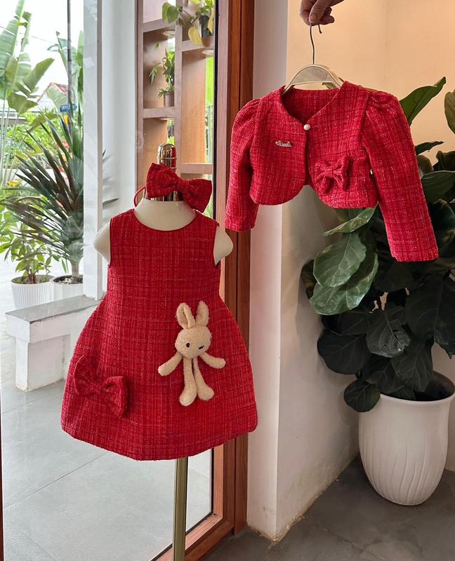 Set Váy Dạ Xinh Xắn Kèm Bờm Nơ Cùng Màu Váy Cho bé Gái