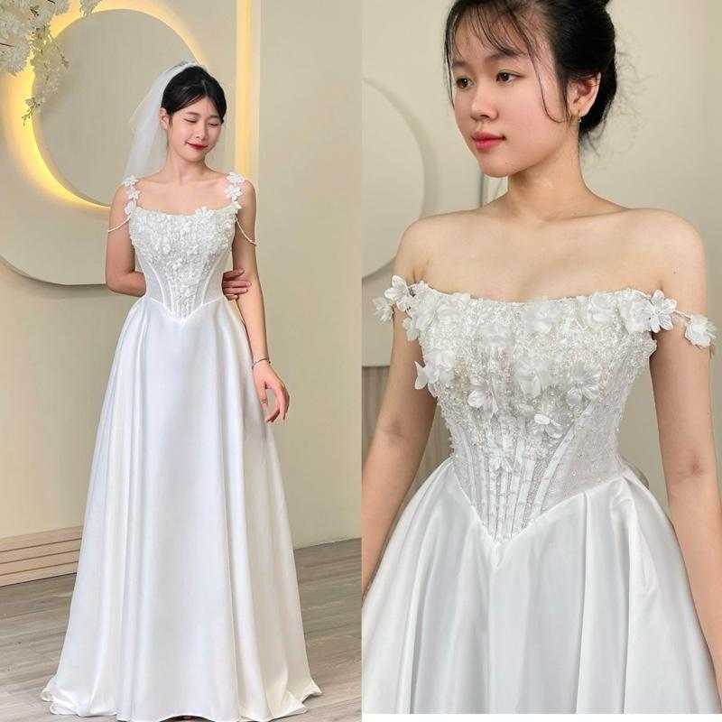 Váy Phi Đi Bàn Đi Tiệc Dáng Suông Eo Nhọn Chất Phi Nhật Thân Cúp Có Vai Trễ Cao Cấp Đầm Đi Bàn Cô Dâu