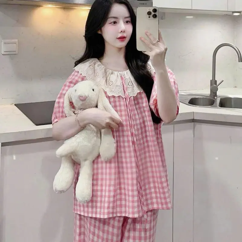N151- Pijama Bánh bèo cộc dài kẻ hồng phối ren bèo  cho nữ - Bộ ngủ công chúa cho nữ mặc nhà hàng quảng châu cao cấp 4