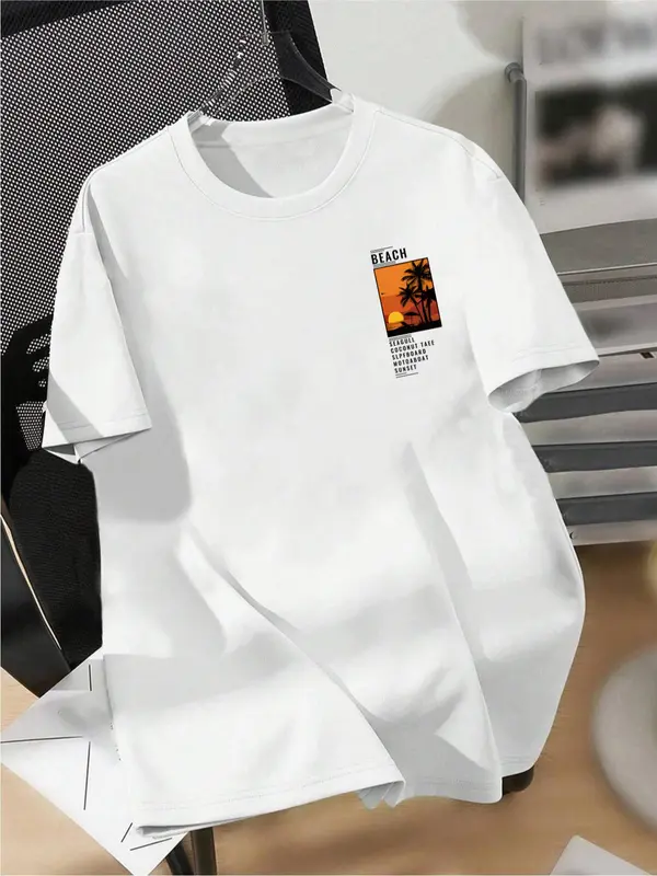 Men's Regular Fit Beach Print Round Neck Tee, Casual Short Sleeve Crew Neck T-Shirt for Summer, Fashion Men's Top for Daily Wear, Tropical 1