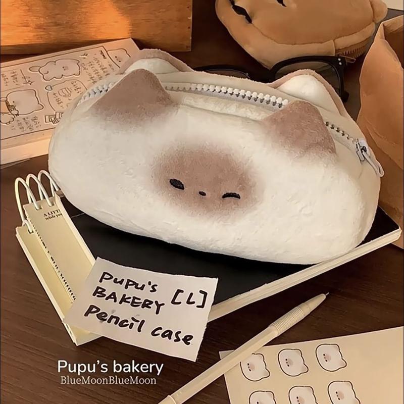 Hộp bút bông in hình mèo bánh mỳ nướng TB17 Túi bút vải mèo nâu dễ thương sức chứa lớn