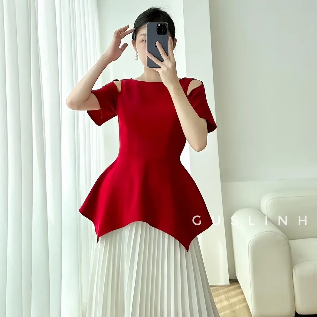 Áo kiểu nữ tay ngắn khoét vai dáng peplum thanh lịch