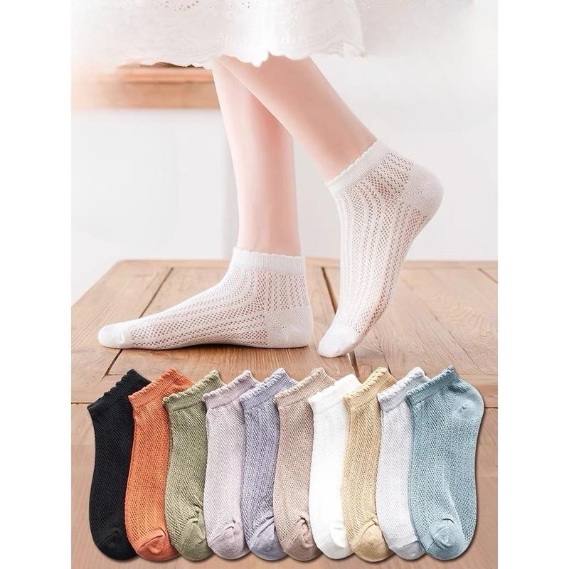 Sét 10 Đôi  Tất Nam Nữ , Tất Lưới , Tất Mỏng Màu Trơn Mùa Hè , Tất Cotton Cổ Thấp Thoáng Khí