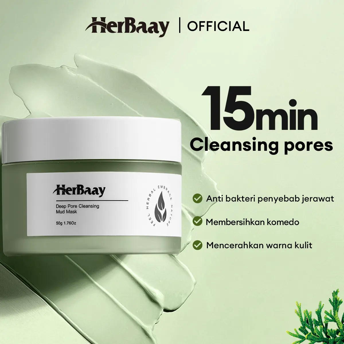 【BPOM】【COD】【READY STOCK】HerBaay Clay Mask 50g Deep Pores Cleansing Mud Mask Membersihkan Komedo Masker Wajah