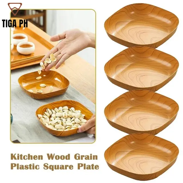 1pc Plastic Imitation Wooden Plates Square Plate Rectangular Tray Cake Dessert Dish Bone Spitting Tableware