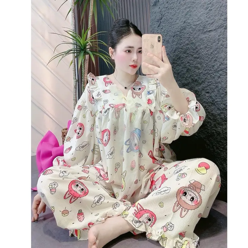 Set Bộ áo quần dài BaByDoll Đũi Xốp In hoạ tiết dễ thương . Nữ 6