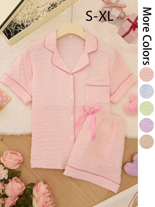 Women's Solid Color Short Sleeve Top & Shorts Pajama Two-piece Set, Casual Comfy Shirt & Shorts PJ Set, Ladies Summer Sleepwear, Loungewear 1