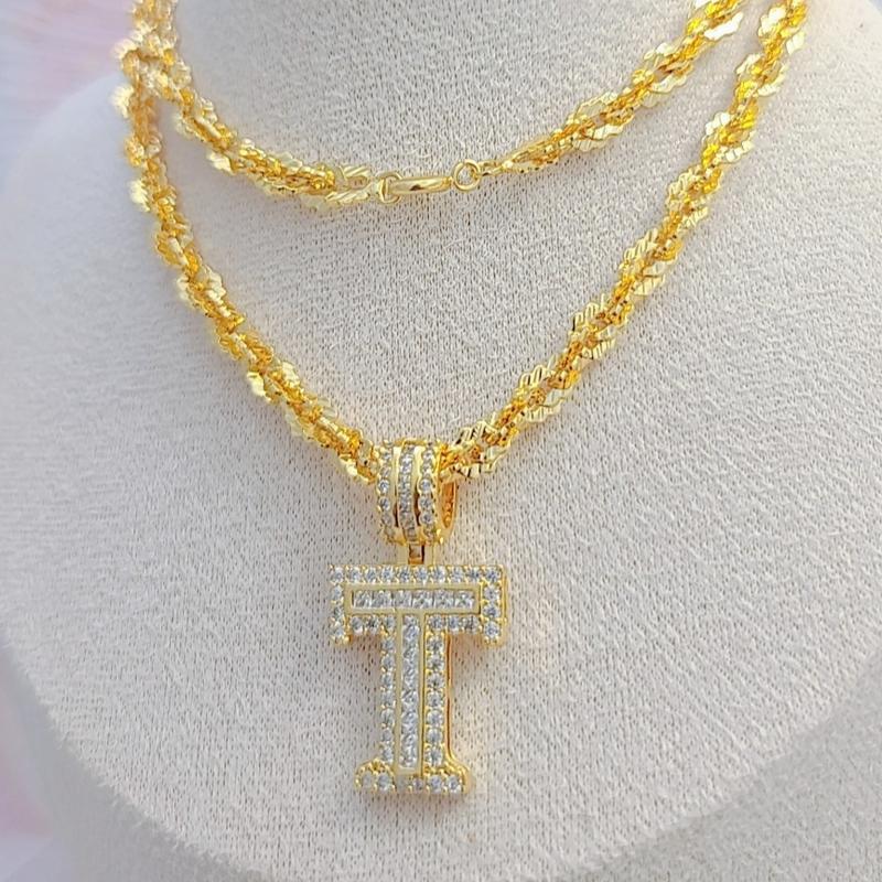  Dây chuyền xoắn hoa mai 2 chỉ xi vàng phối mặt chữ T đính full đá chất Titan bền màu 