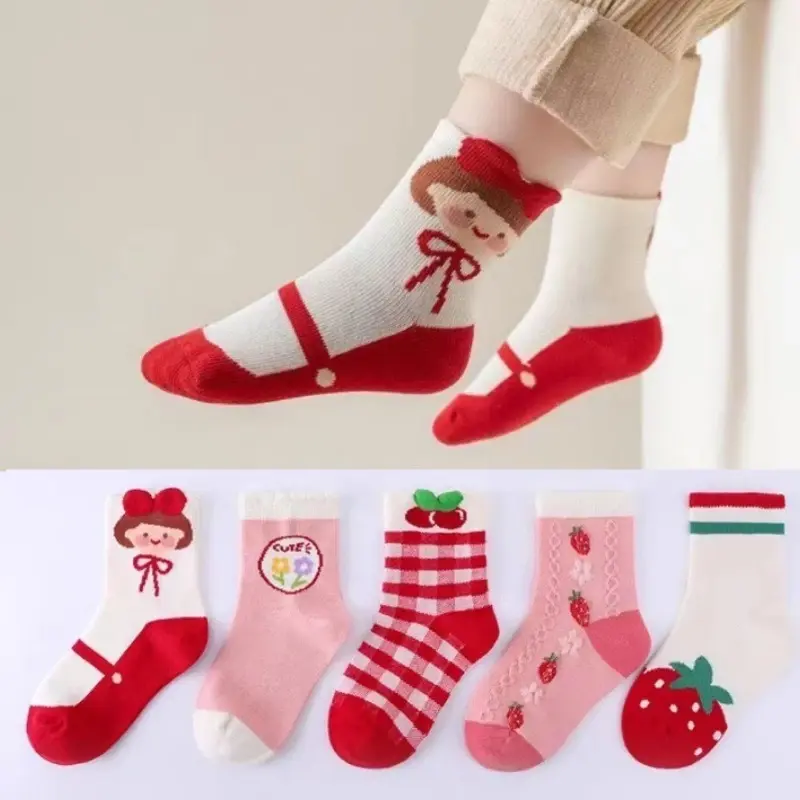 Set 10 Đôi Tất, Vớ Cao Cổ Cotton Hình Dâu Đỏ Siêu Xinh Cho Bé Gái 1