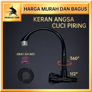 MUSCLE COW  Keran Cuci Piring PVC Hitam, Putar 360°, Universal 1/2 3/4 Inci
