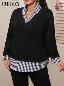 CURVZY Plus Size 2 in 1 Plaid Print Tee, Casual Long Sleeve Top for Daily Wear, Women Plus Clothing for All Seasons