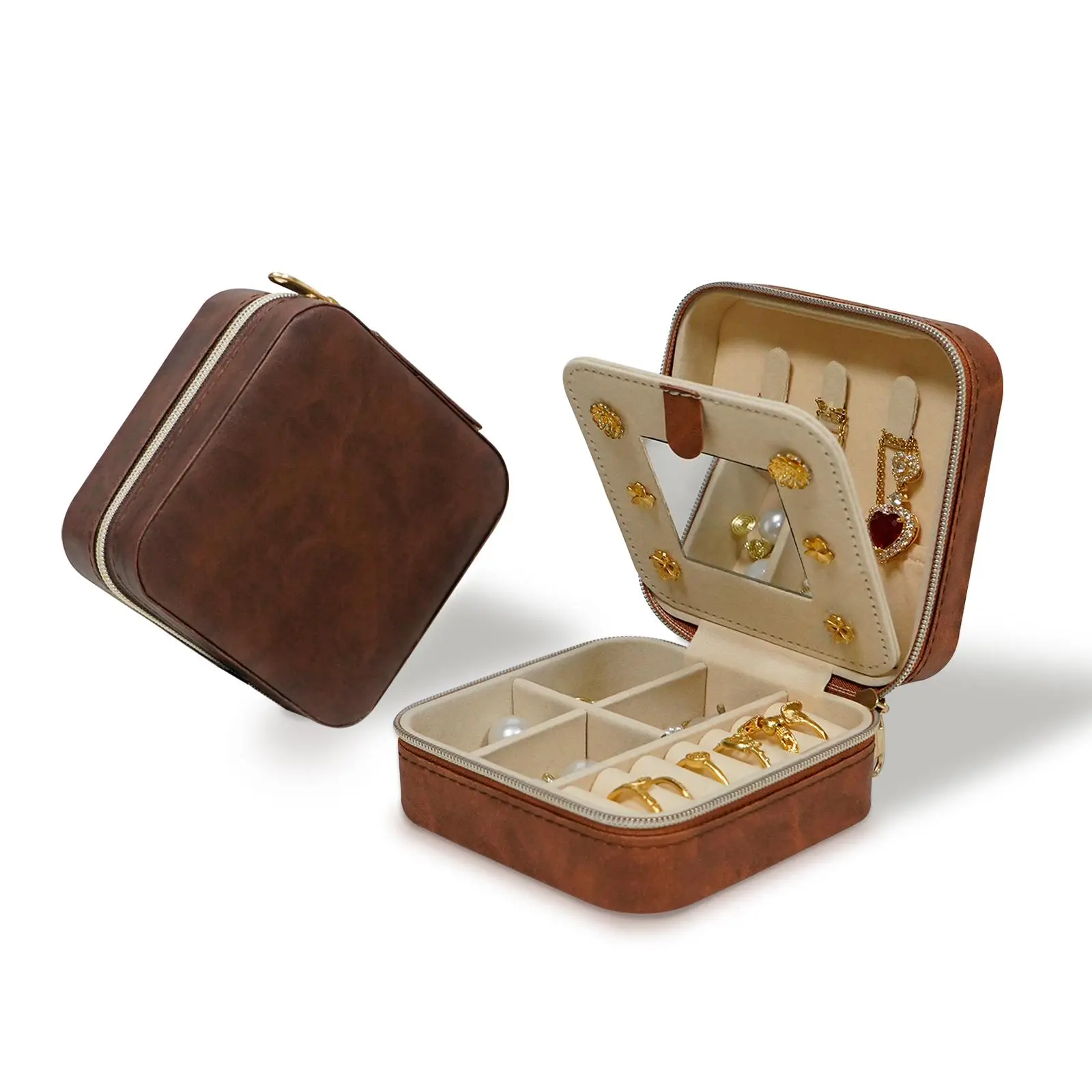 Vintage Style Mini Jewelry Box, 1 Count Portable PU Leather Jewelry Organizing Box with Mirror, Jewelry Storage Box for Earrings, Necklaces, Rings