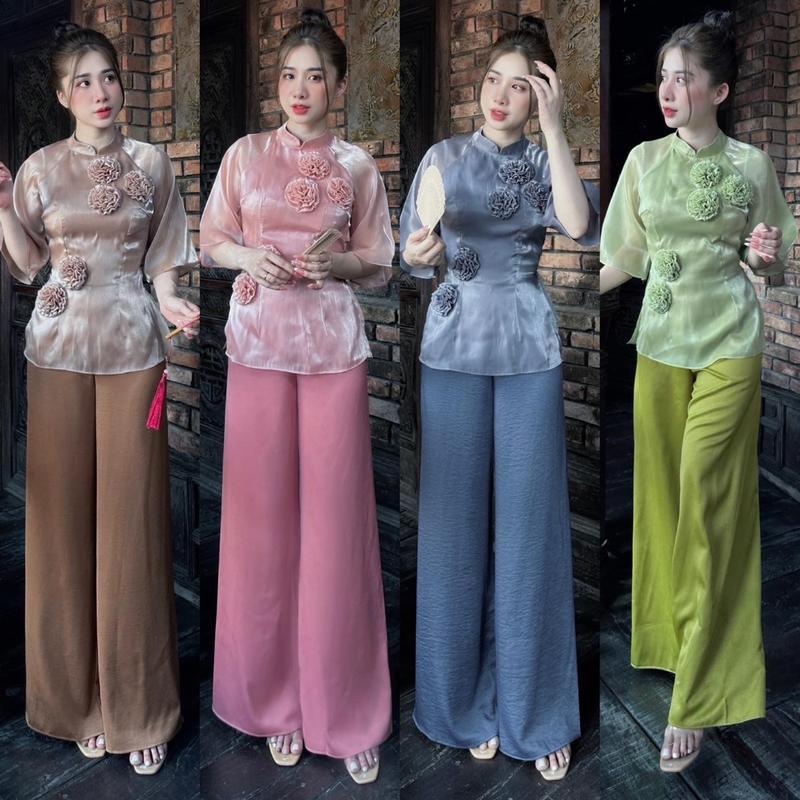 Bộ đồ , pháp phục, bà ba đi chùa áo voan ánh kim quần lụa mango M1 set lam