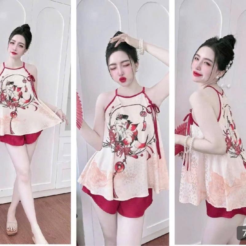 Sét bộ yếm hoạ tiết chất lụa gấm áo+quần có túi women form 40-60kg 6
