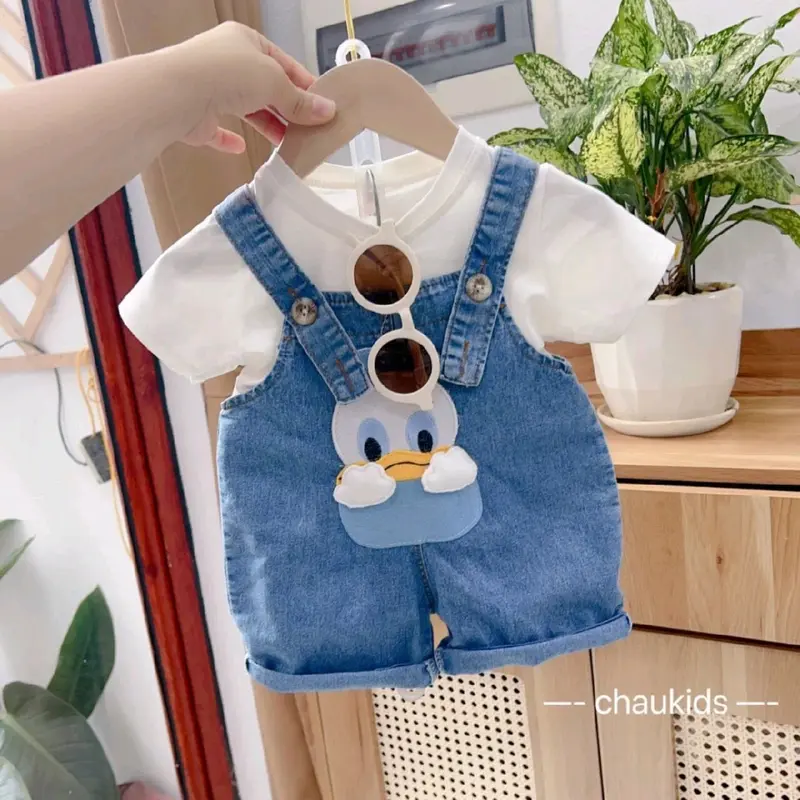 Quần yếm jean lửng hàn quốc kèm áo cho bé trai bé gái 6_18kg bososinh 2