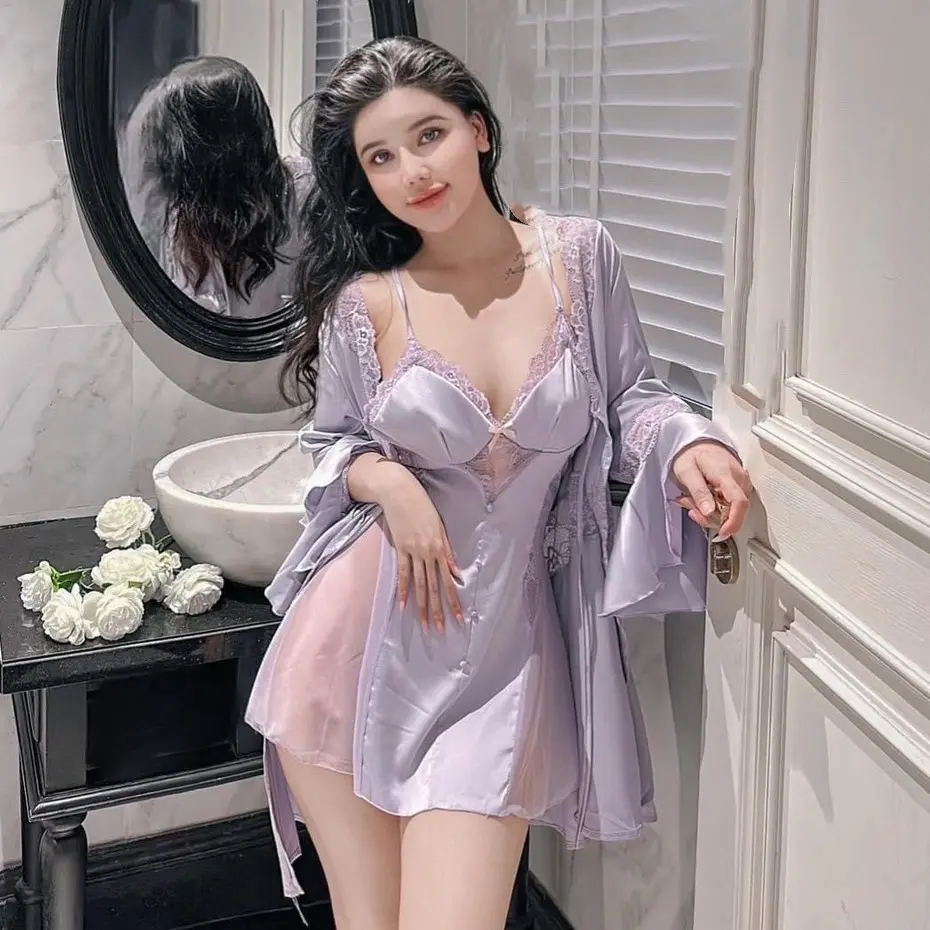 V340  Set váy ngủ hai dây váy choàng ngủ đồ ngủ ở nhà
