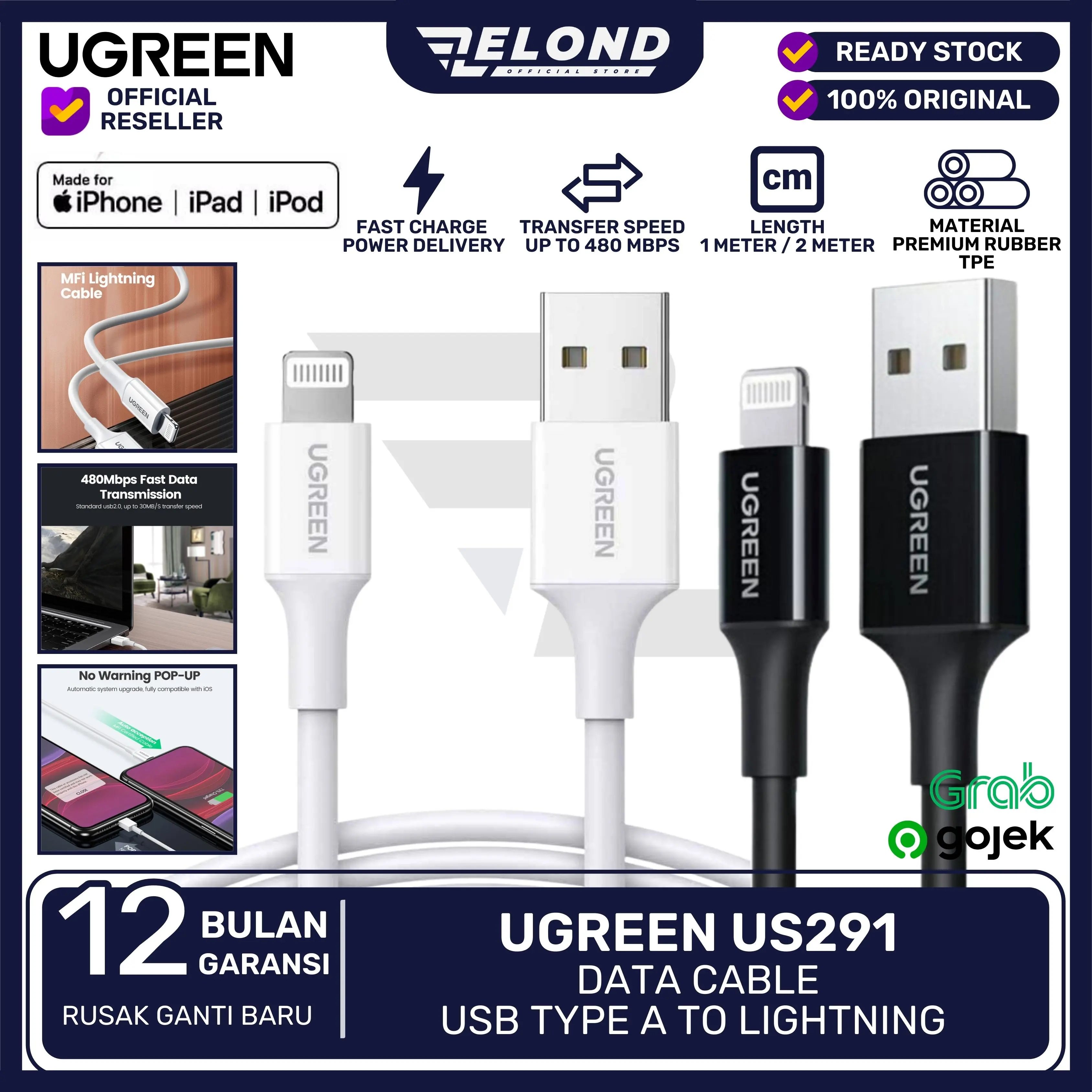 Kabel Data iPhone UGREEN USB A to Lightning MFI UGREEN US291 PD Fast Charging