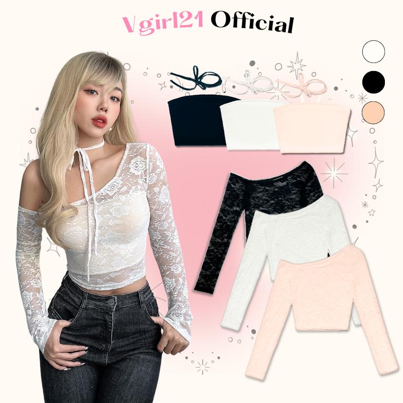 Áo ren nữ ôm body tay dài mỏng xuyên thấu hoạ tiết hoa kèm áo croptop ống cực sexy Women top