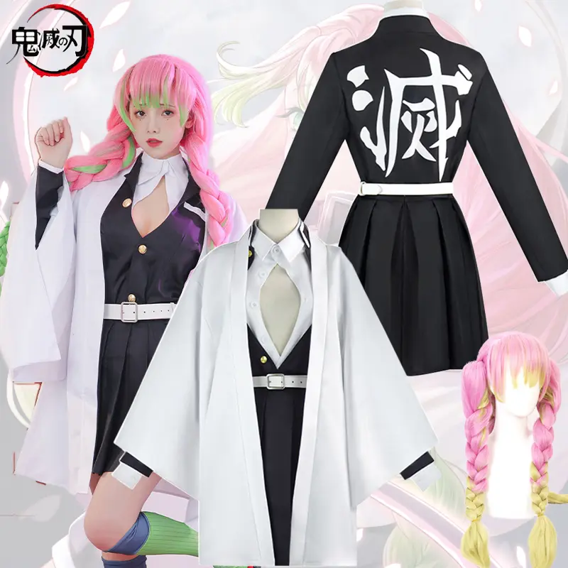 Trang Phục Hóa Trang Kimetsu No Yaiba Kanroji Mitsuri, Chủ Đề Anime Demon Slayer, Dành Cho Nữ, Váy Kimono, Bộ Đầy Đủ, Tóc Giả Đuôi Ngựa Đôi Màu Hồng Áo Cosplay Top Dress Cotton