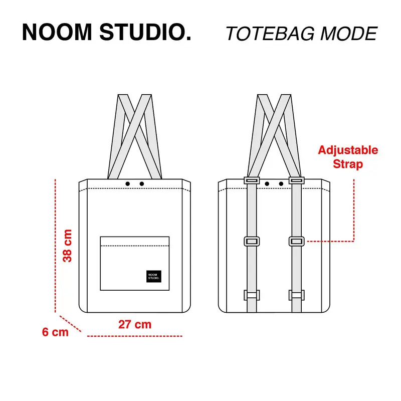 Noom Studio Barlow 2in1 Totepack Tote Bag & Backpack Codura Minimalis Unisex Pria & Wanita Hitam Abu Abu (Black Grey) 6