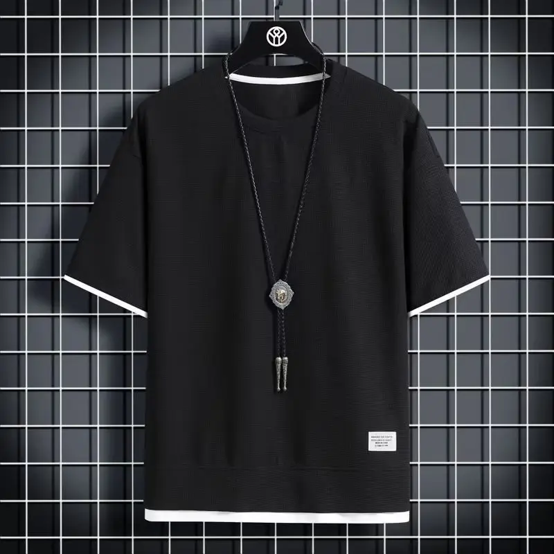 Lotin M-XXXL Summer Japan men's wear round neck Waffle short sleeve T-shirt Korea trend street style plain color clothing Unisex oversized shirt fashion loose tops Men's solid tee Collar Streetwear Casual