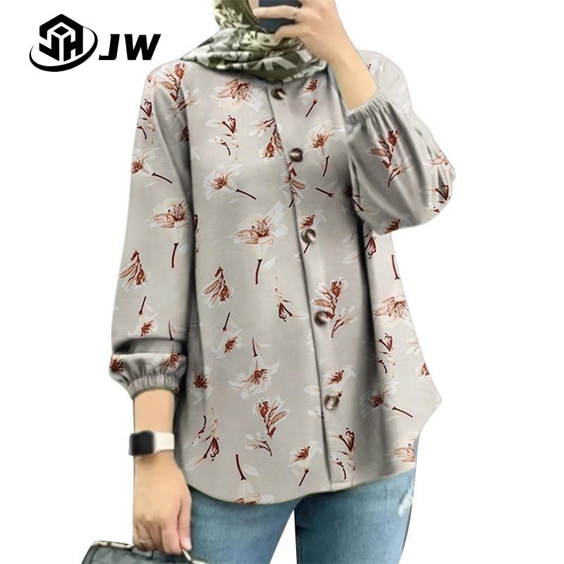 Product Introduction of Women's elegant and casual Muslim fashion long sleeved round neck button printed shirt, comfortable for daily work, breathable fabric long sleeved shirt 24